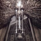 Detailed Black and White Artwork: Biomechanical Tubes and Organic Textures in Sci-Fi Environment