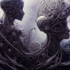 Detailed digital art: humanoid figures with mechanical parts in cosmic setting