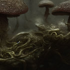 Twisted tree trunks and mushroom-like growths in a dark forest