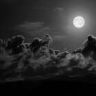 Lone figure gazes at full moon over dark landscape