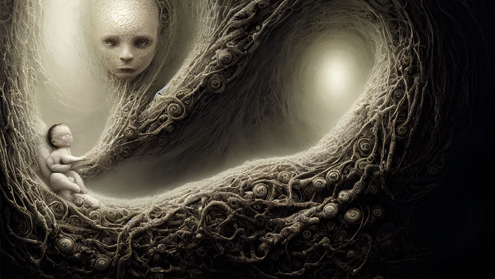 Surreal artwork of large face with eyes and tendrils cradling small figure