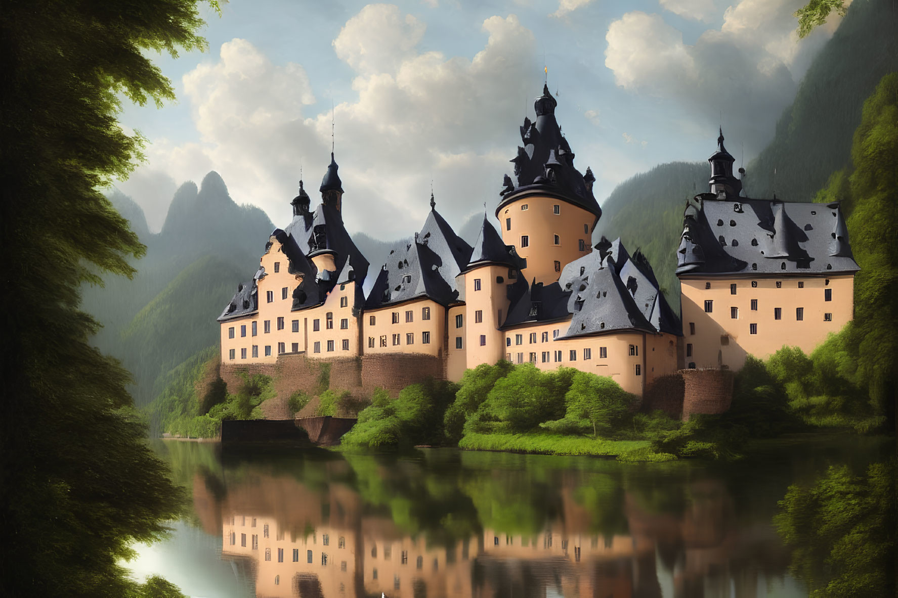 Majestic fairy-tale castle with spires in lush greenery, reflected in lake, mountains