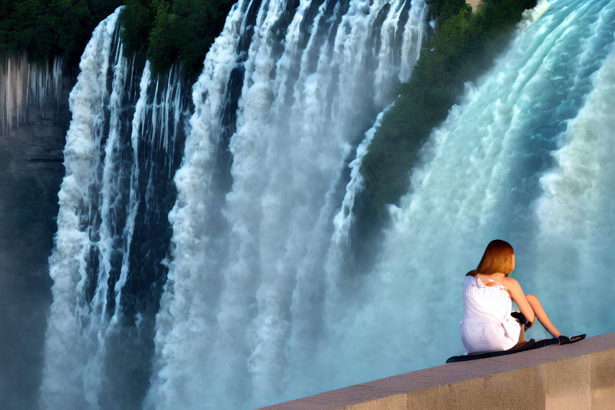 Person peacefully sitting on ledge gazing at powerful waterfall