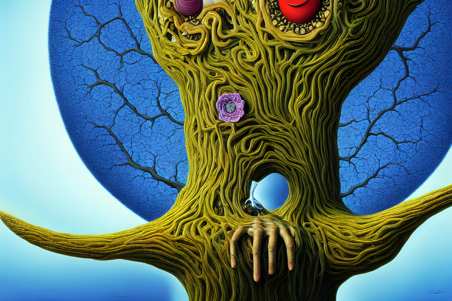 Surrealist digital artwork of anthropomorphic tree with hand and eye