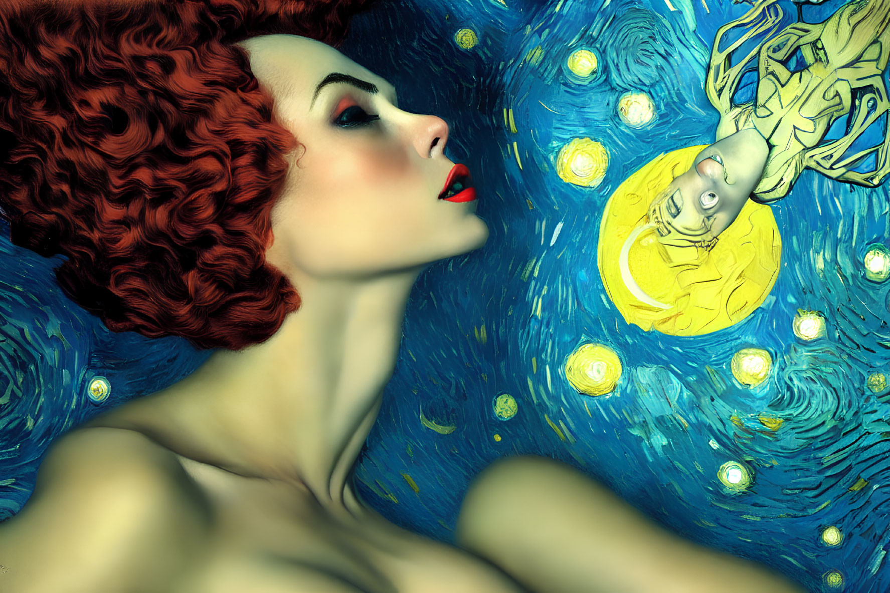Vibrant red-haired woman against swirling blue background with yellow haloed figure