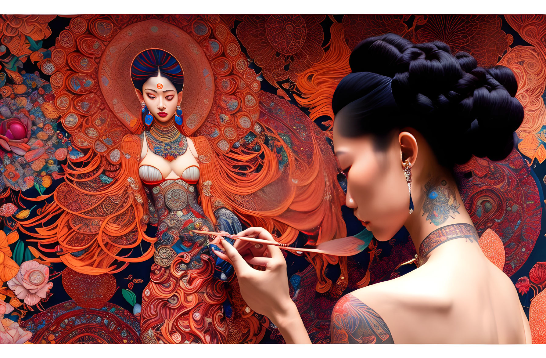Woman painting intricate goddess mural with tattooed back