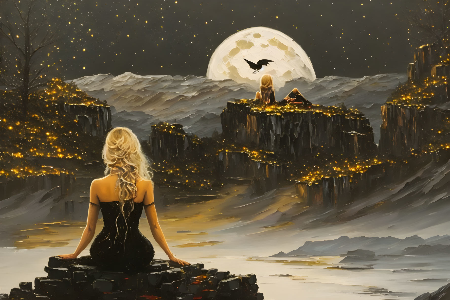Blonde woman gazes at moonlit landscape with glowing gold foliage
