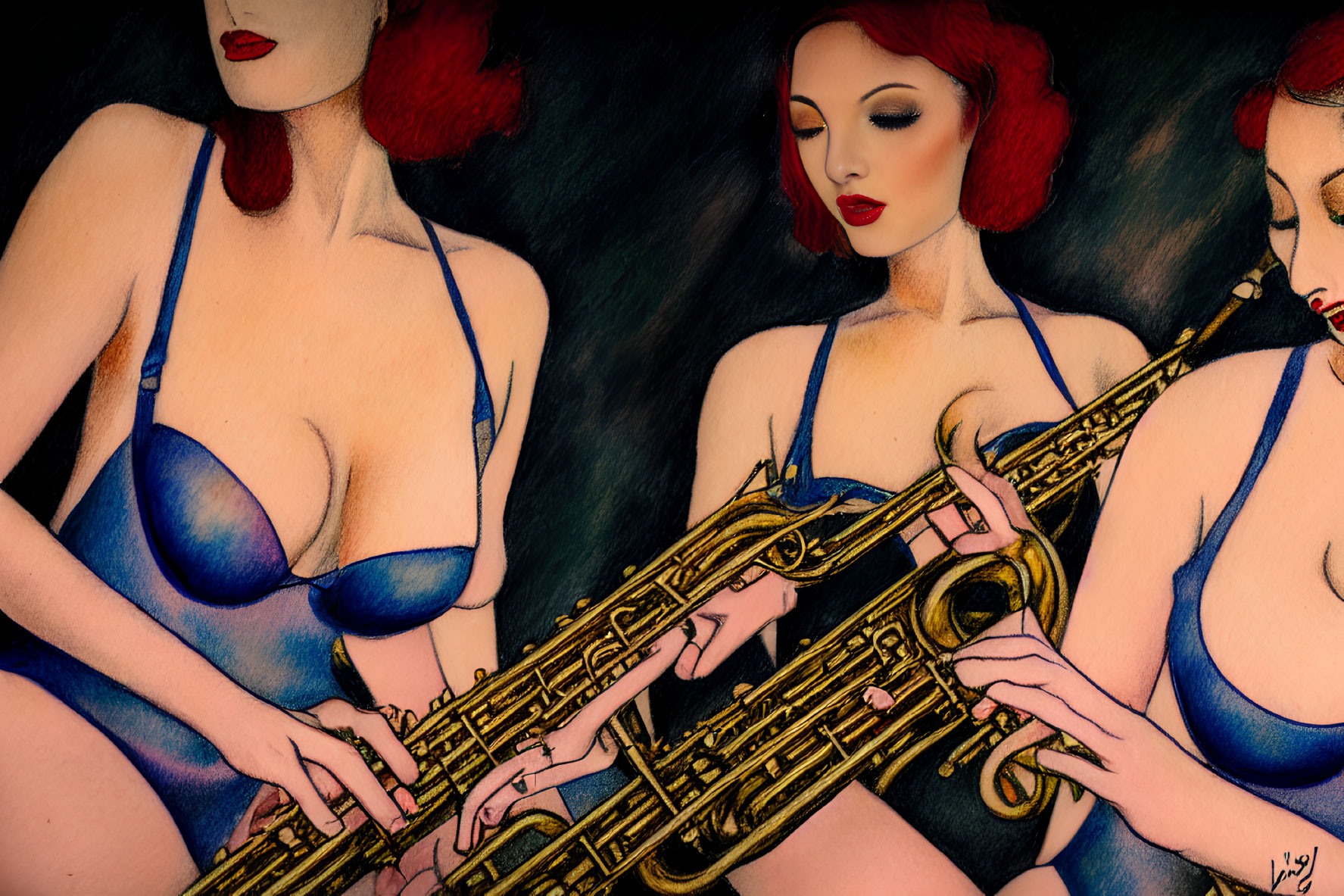 Stylized Red-Haired Women in Blue Garments Playing Saxophone