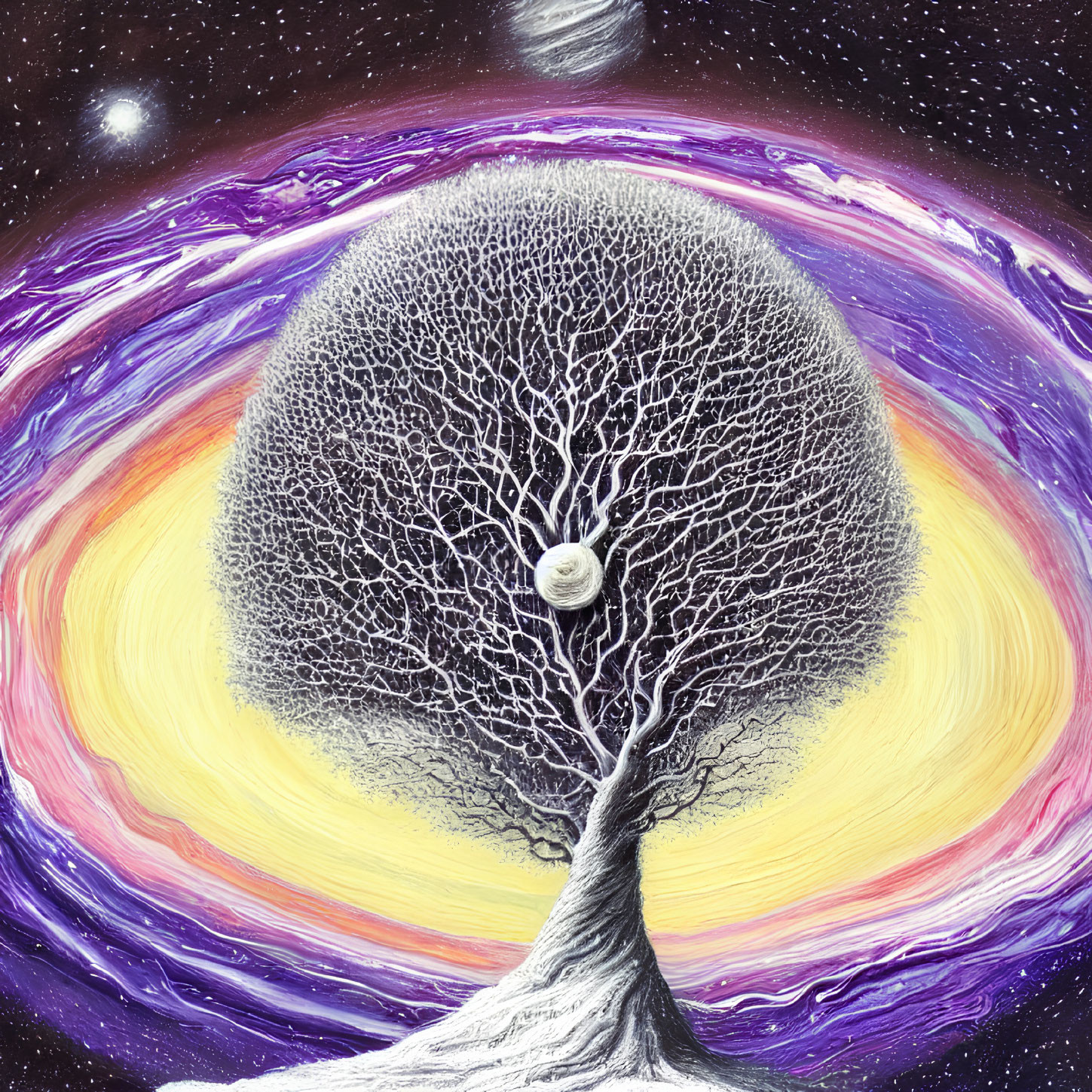 Surreal cosmic tree painting with swirling galaxy backdrop
