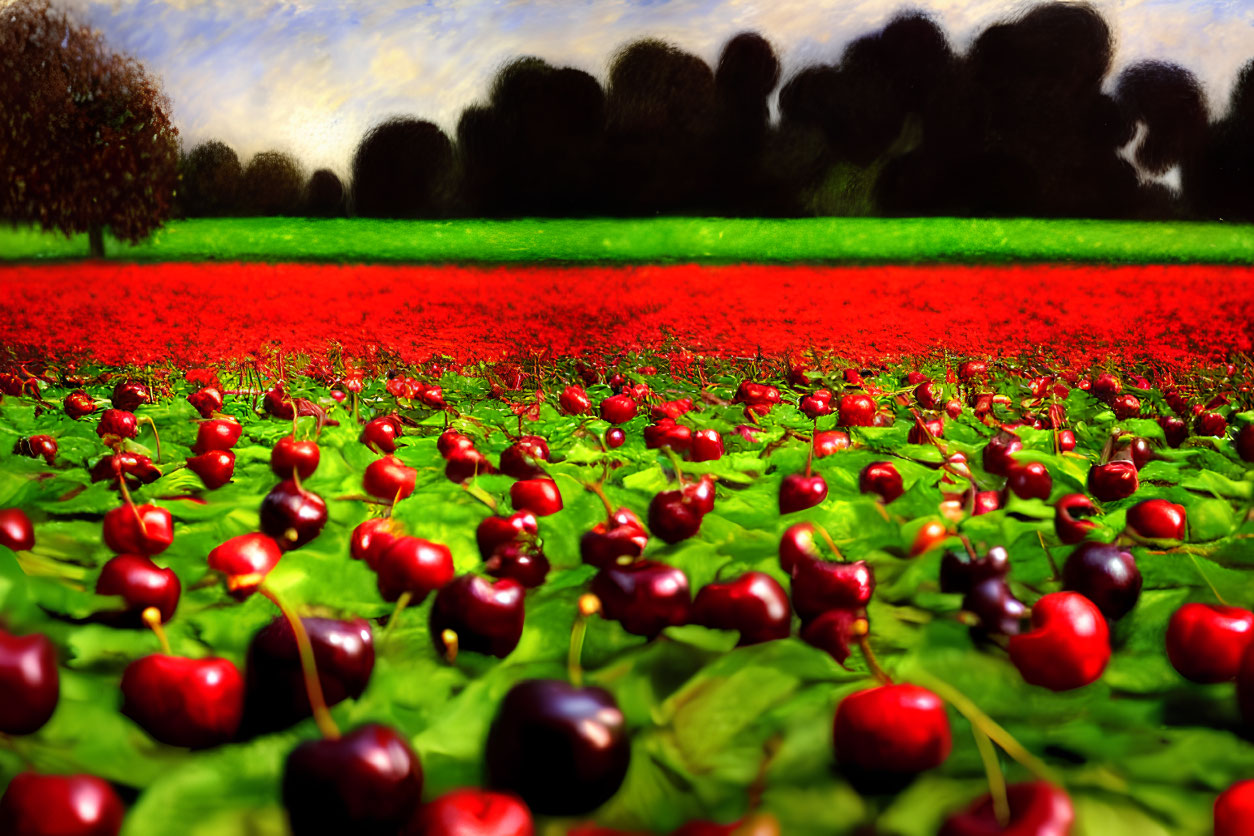 Scenic landscape with red cherries and poppy field under blue sky