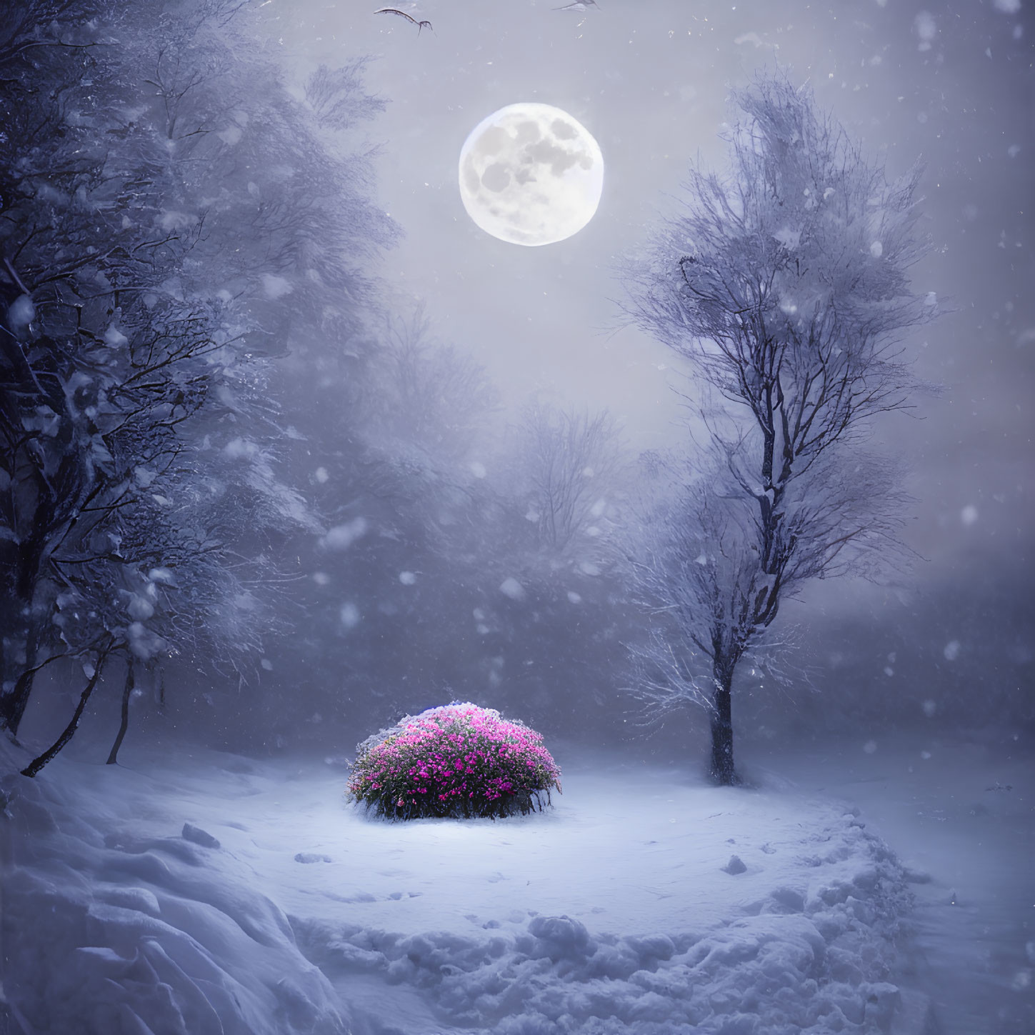 Snowy Night Landscape with Full Moon and Pink Flowers