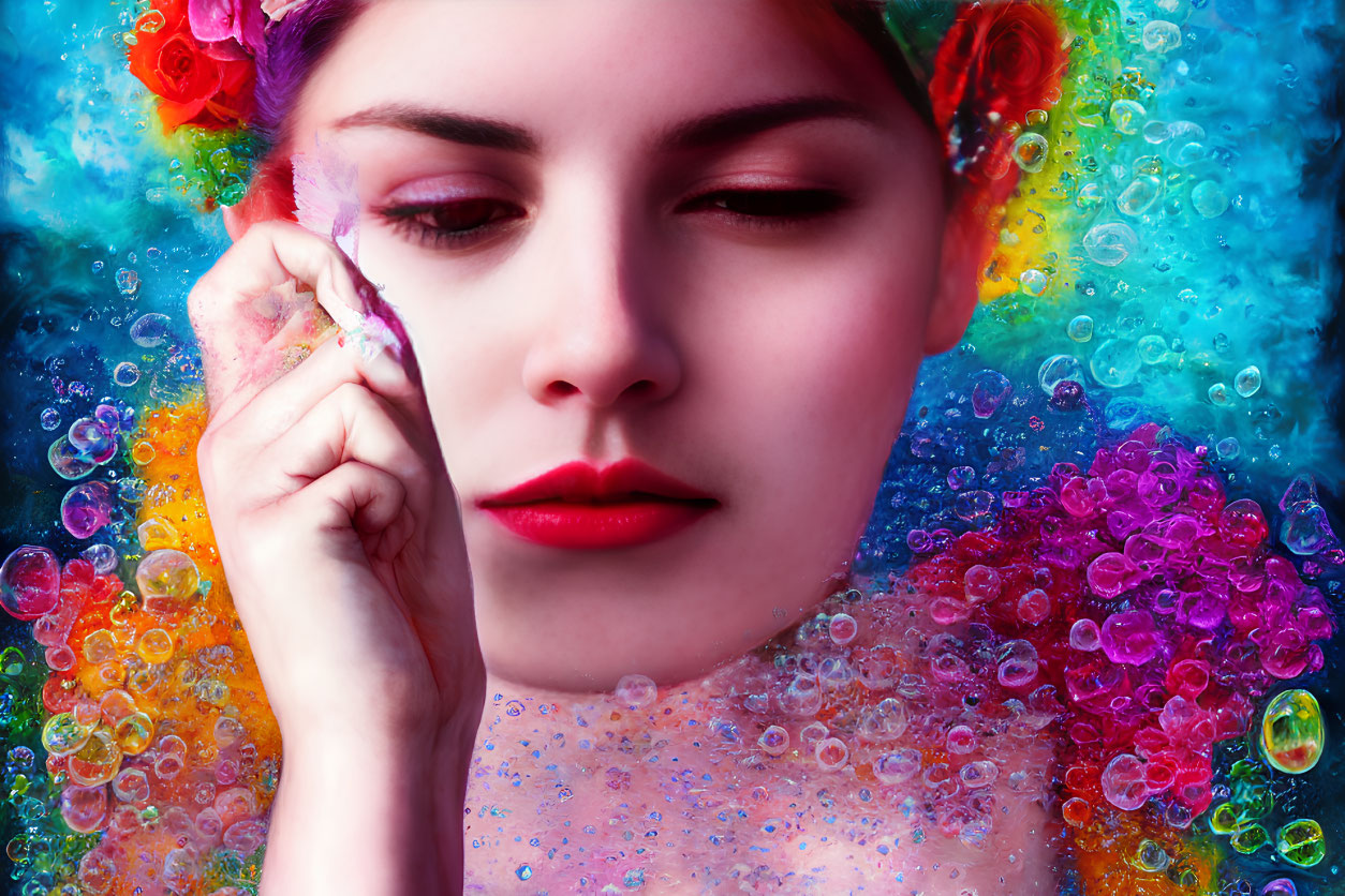 Woman with Red Lipstick and Flower Hair in Colorful Bubbles