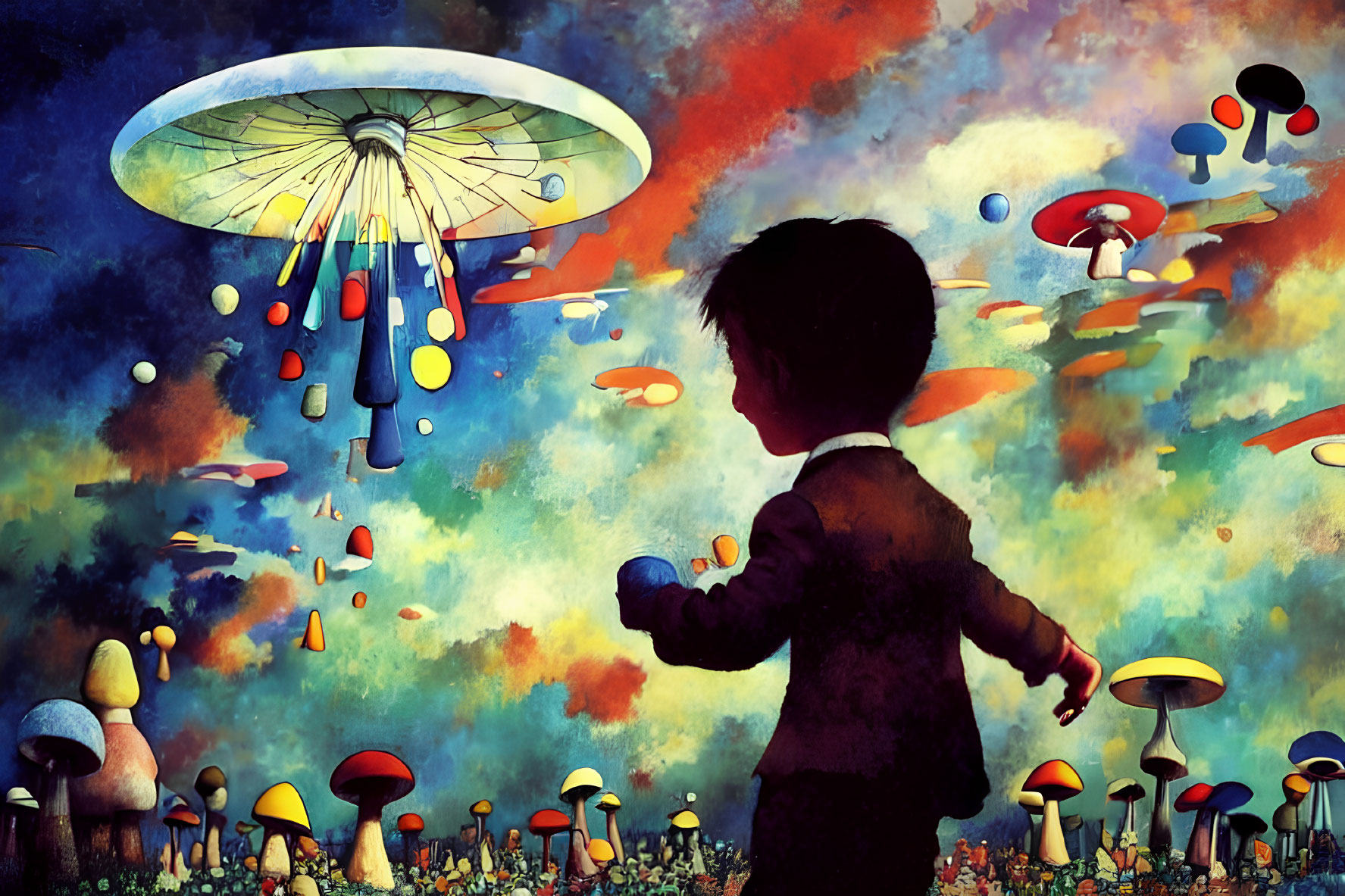 Silhouetted child surrounded by colorful mushrooms and flying saucers in twilight scene