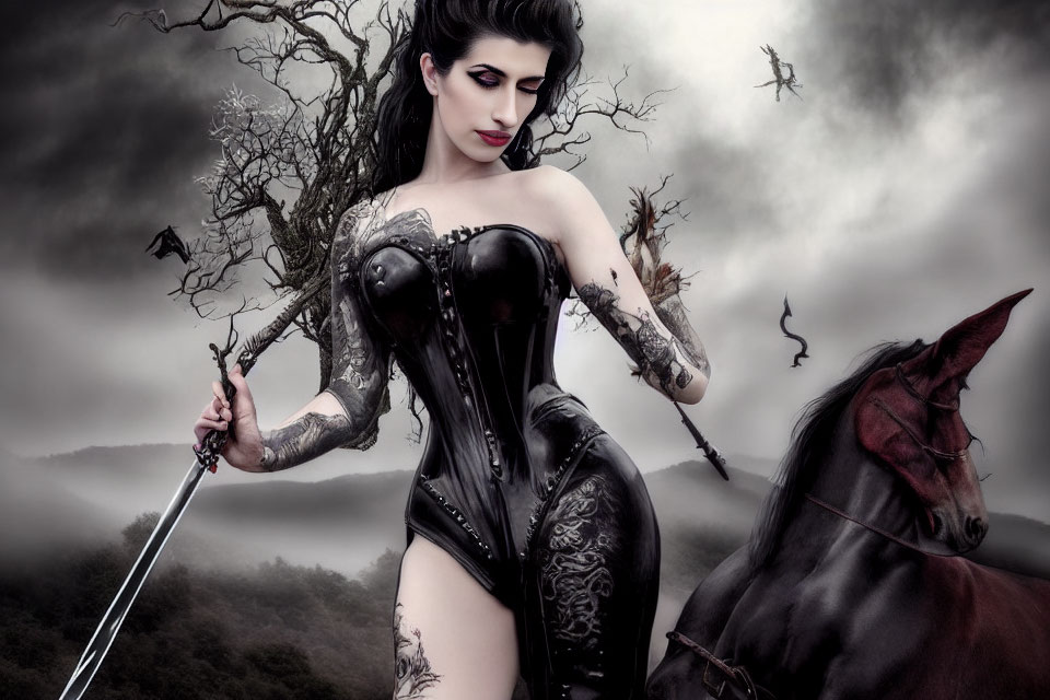 Gothic woman in corset with sword next to black horse in misty landscape