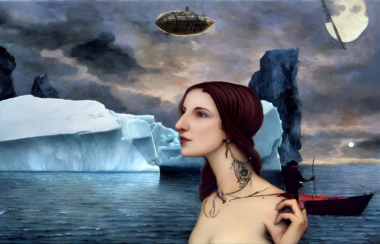 Surreal profile of woman's face on icy seascape with boat, airship, and ice