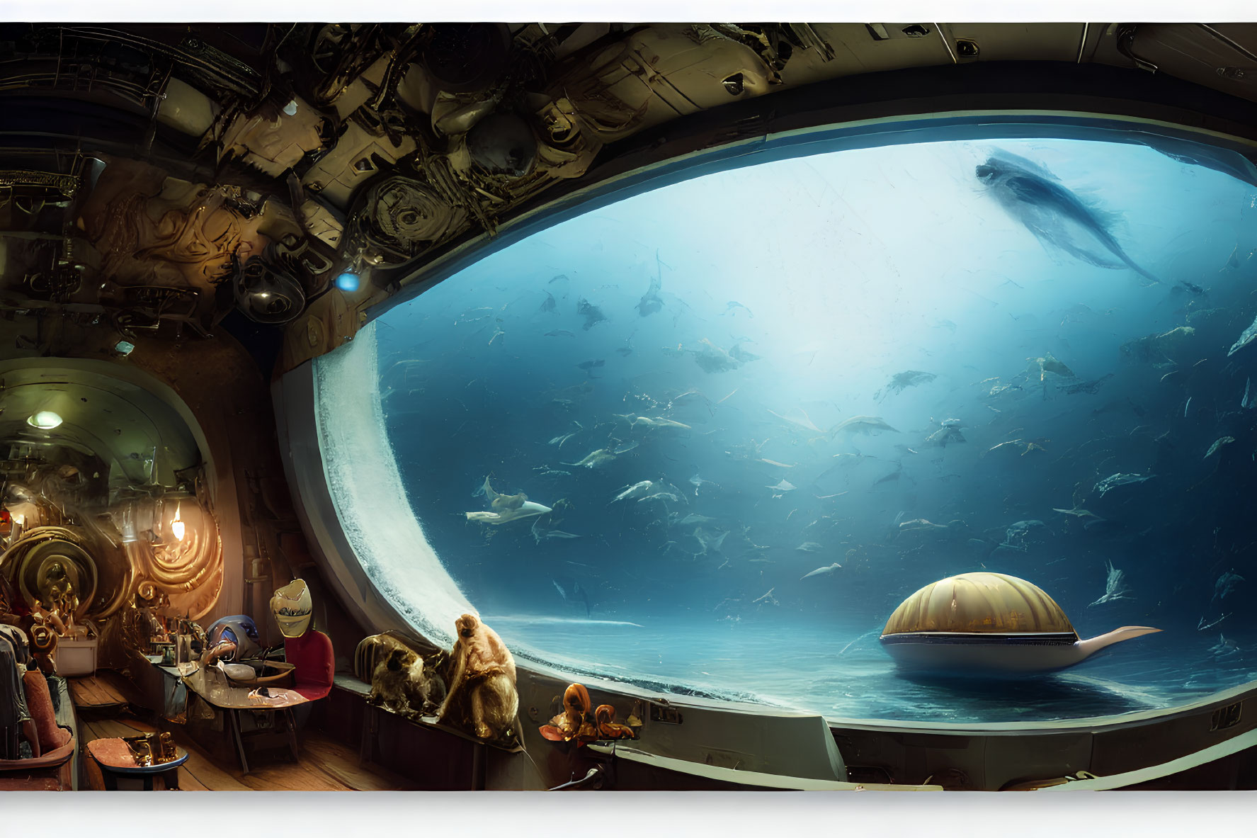 Ornate submarine interior with bear in spacesuit and fish outside porthole