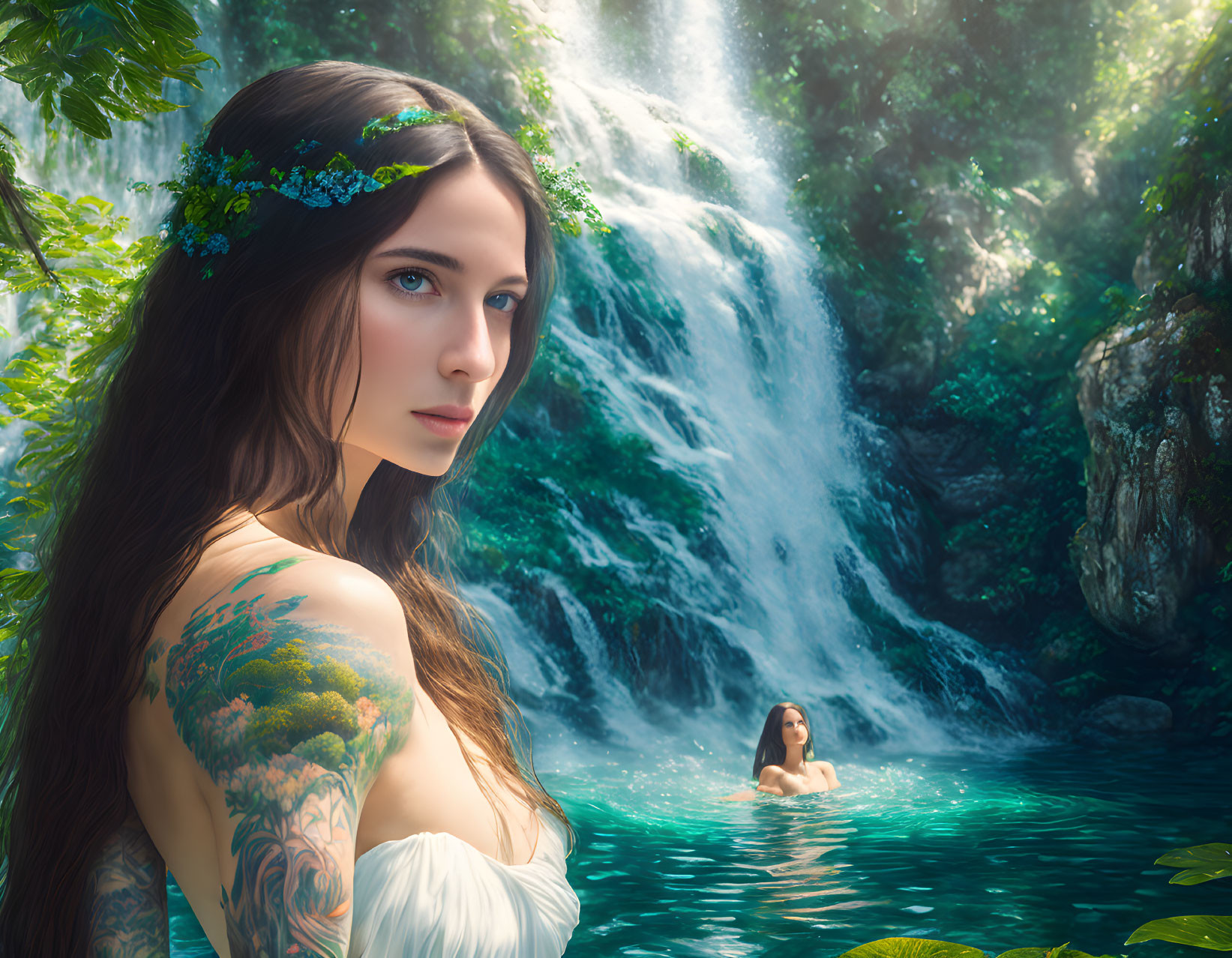 Woman with floral headband and nature tattoo by waterfall and swimmer in pool