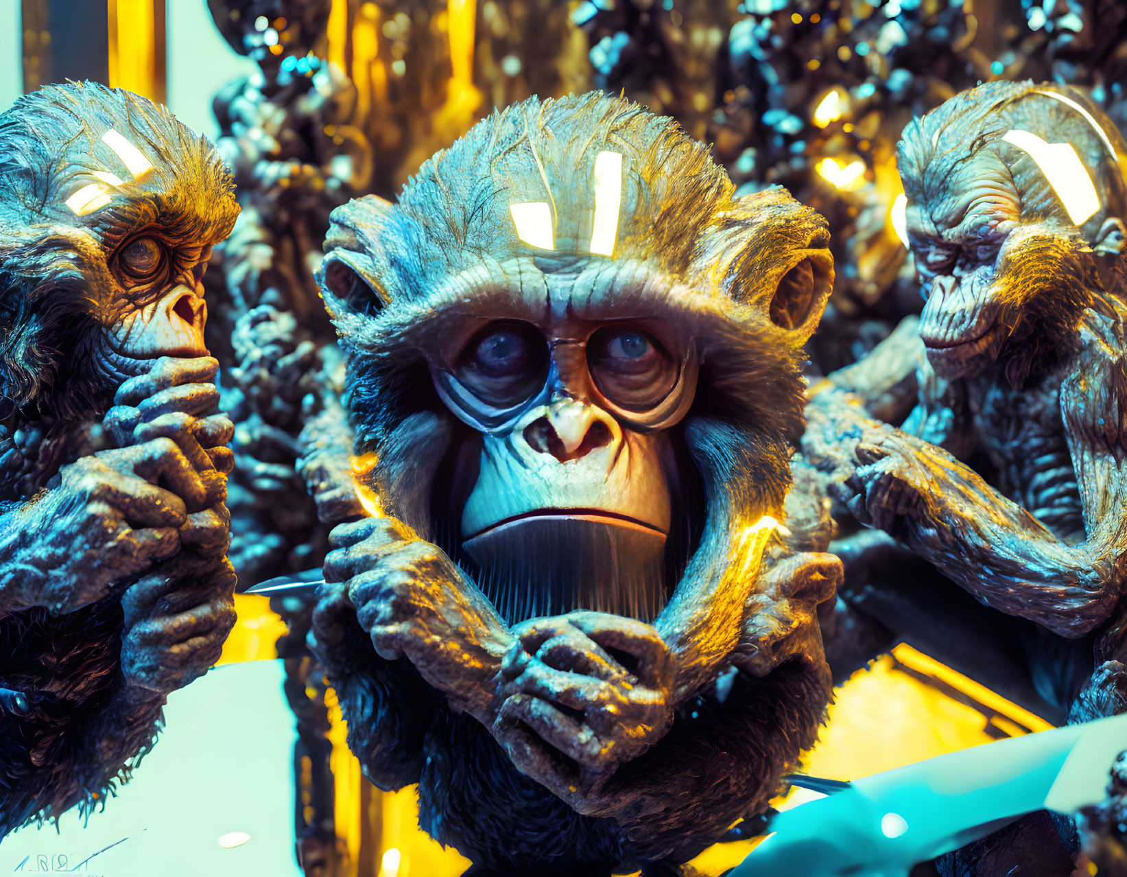 Hyper-realistic ape figures with glowing eyes on golden ornate background