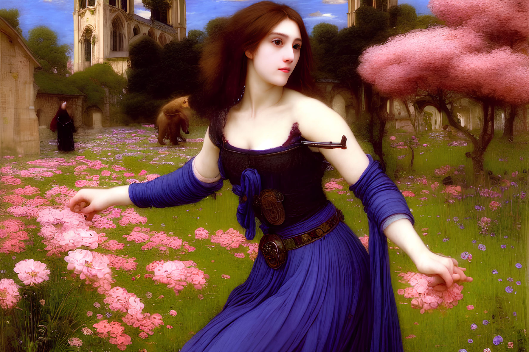Woman in Blue Dress Surrounded by Flowers and Cathedral Background
