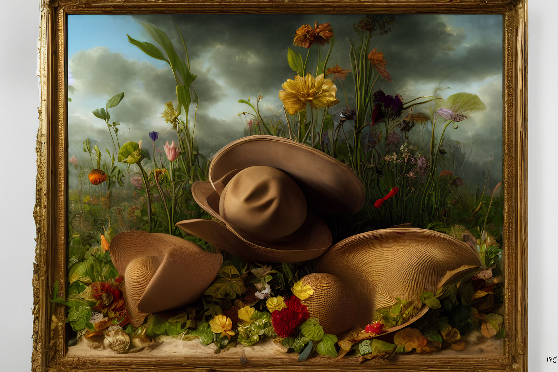 Photorealistic painting: Three straw hats among vibrant flowers in gold frame
