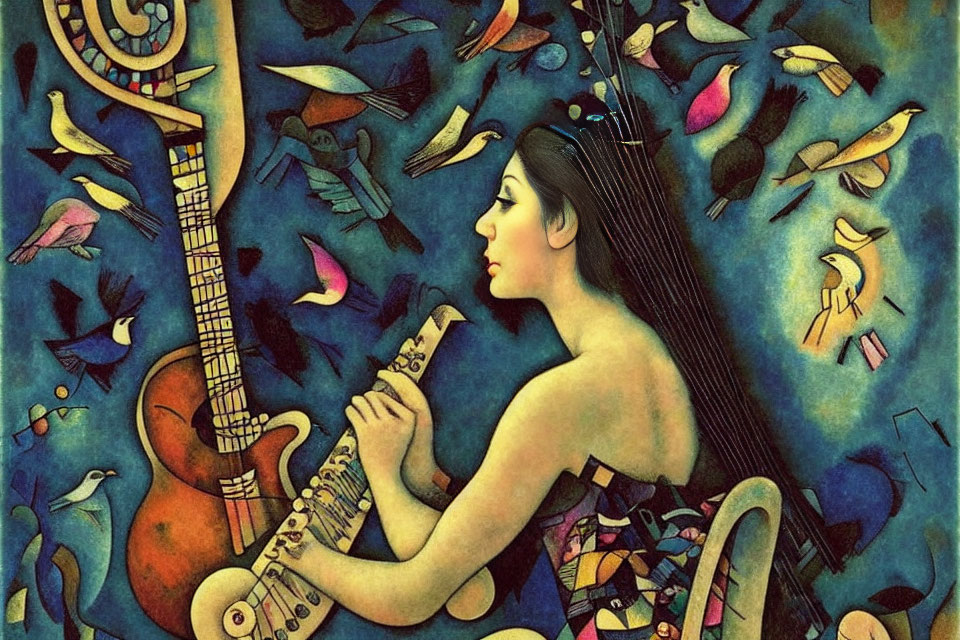 Woman playing saxophone in whimsical musical scene with colorful birds on starry background