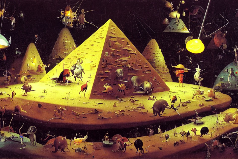 Surreal anthropomorphic creatures around large pyramid with light bulbs