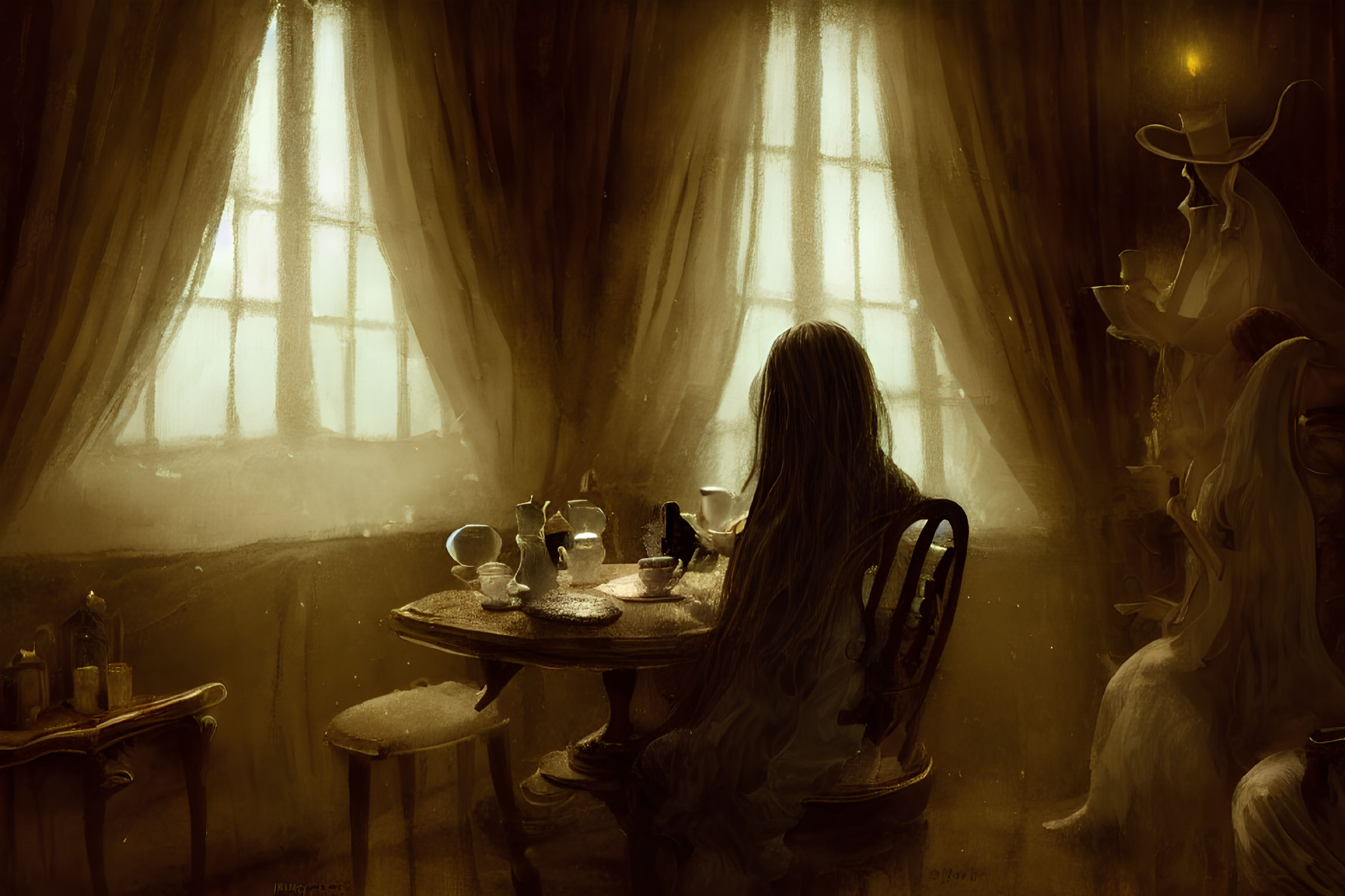 Dimly-lit room with heavy drapes, person at table with ghostly figure - mysterious ambiance