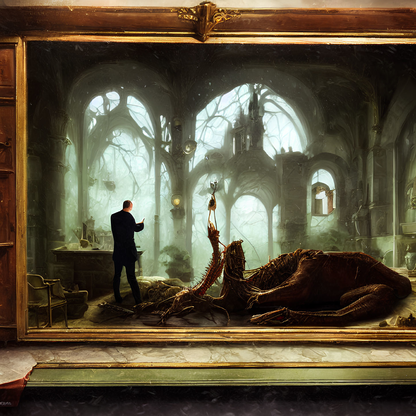 Person in suit in misty, gothic study with defeated dragon-like creature