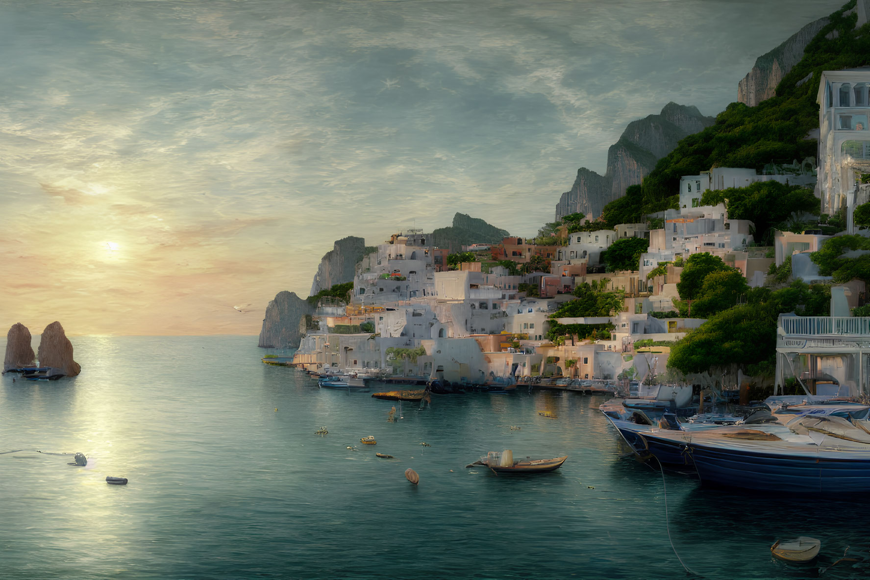 Coastal village sunset scene with white buildings, boats, and cliffs