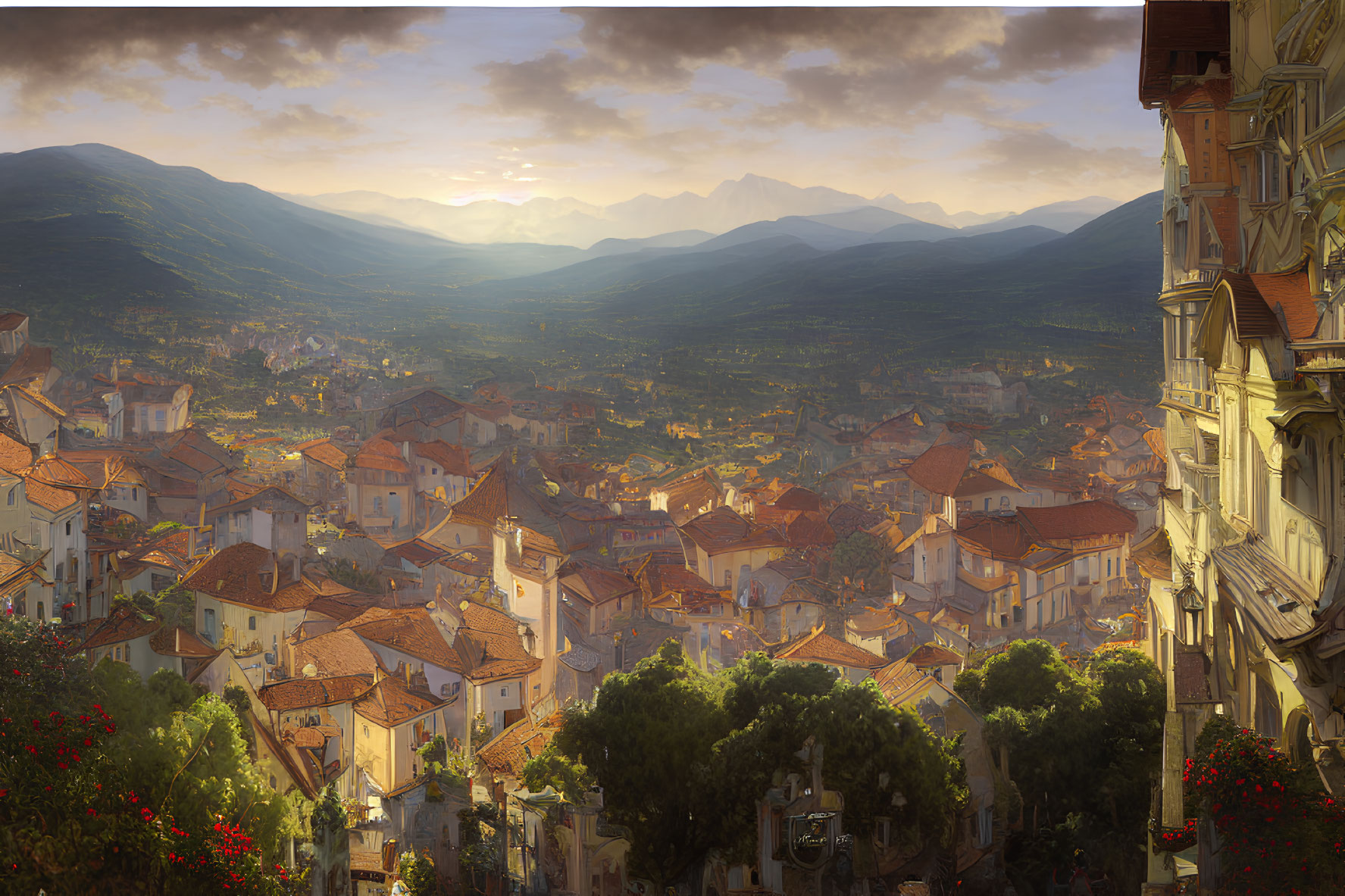 Scenic sunset view of old European town with terracotta rooftops