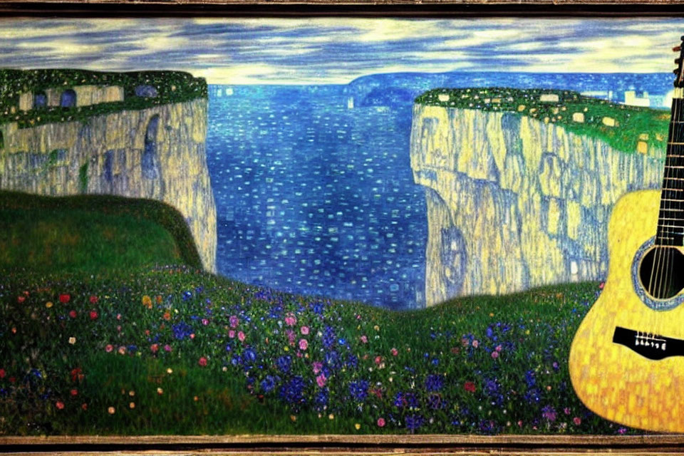Scenic painting of starry night sky over sea with cliffs and guitar surrounded by flowers