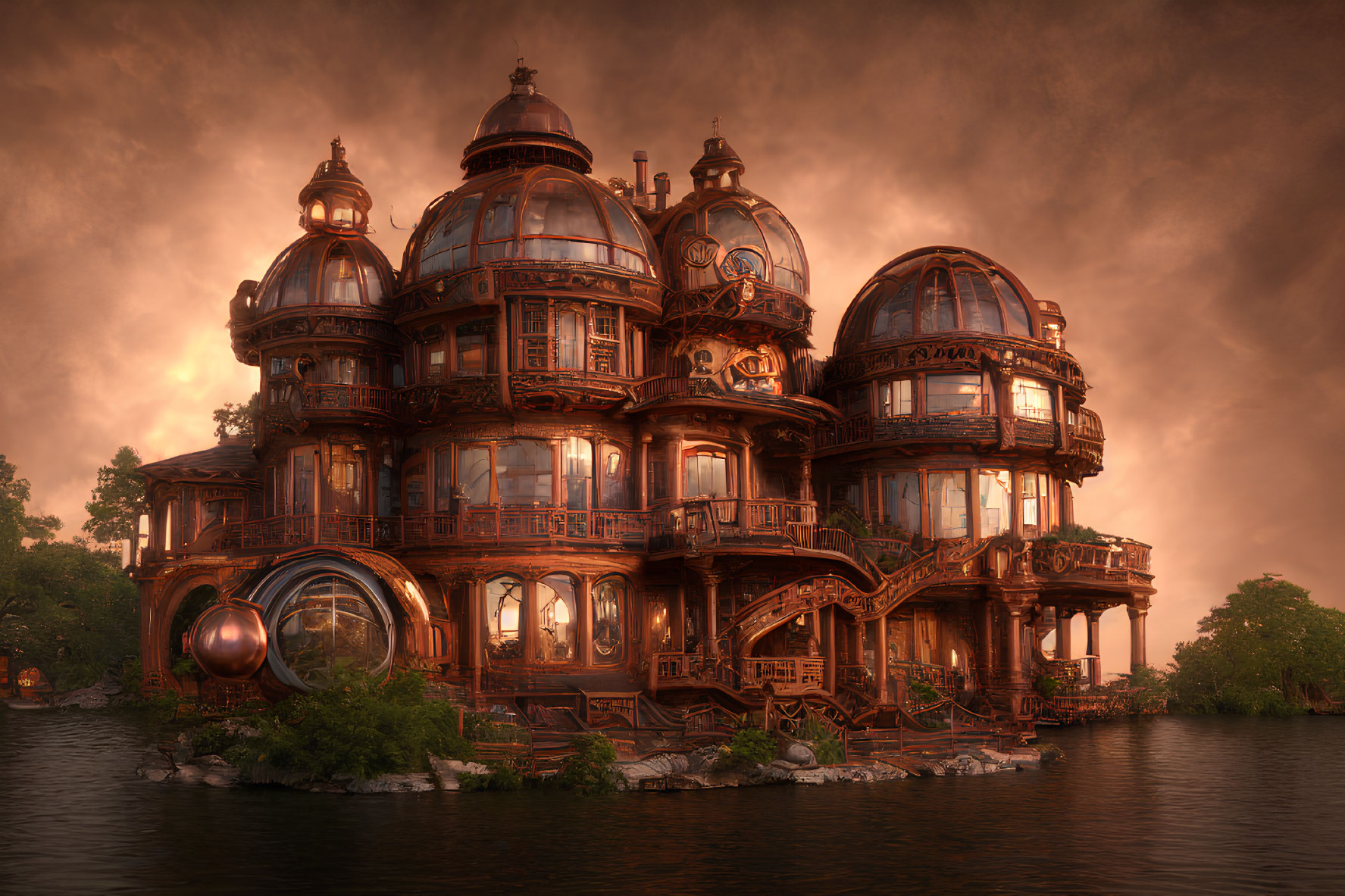 Steampunk-inspired mansion with ornate domes in dramatic sunset setting