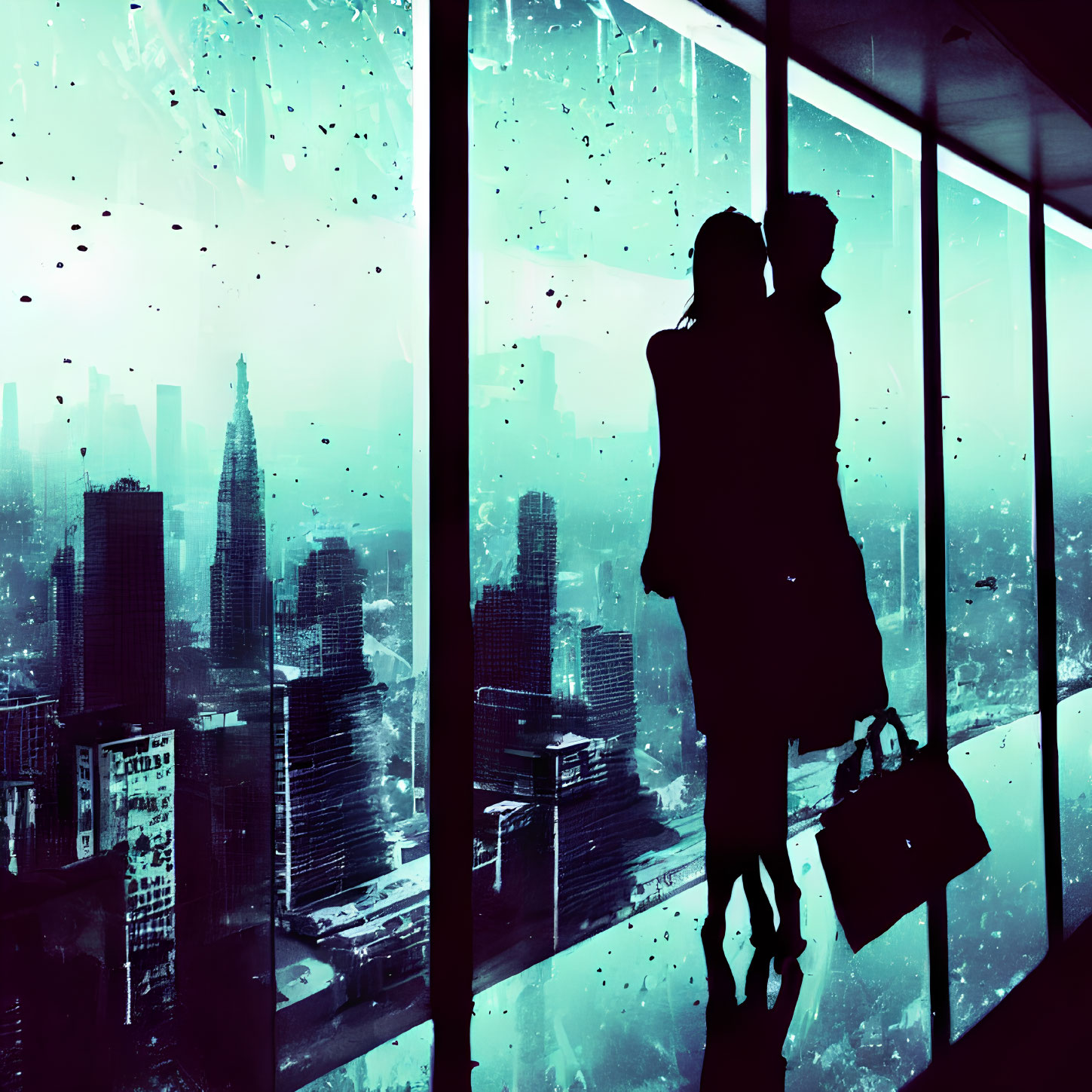 Couple Embracing Near Rainy Cityscape Window