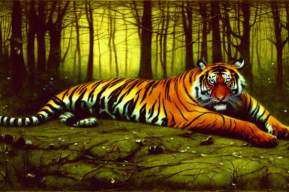 Colorful Tiger Resting in Forest Setting with Tall Trees