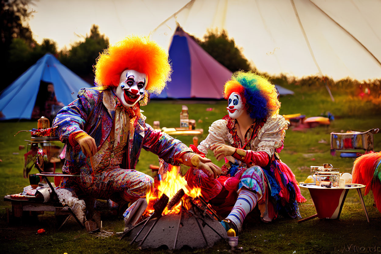 Colorful wig clowns at campfire with tent and props