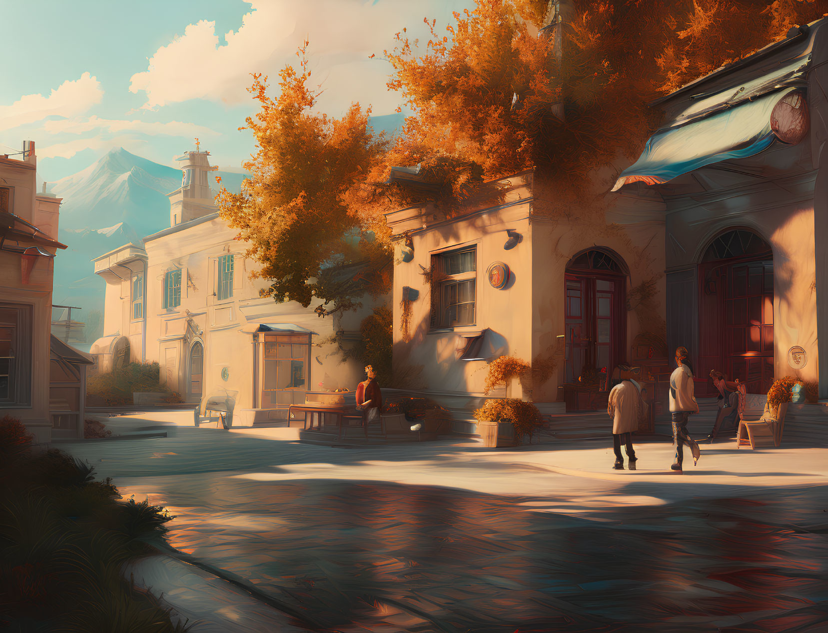 European-style buildings and autumn trees in serene town scene