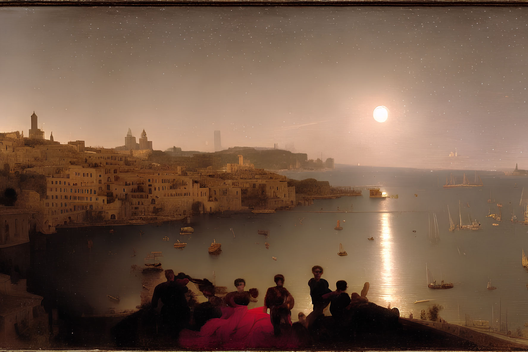 People admiring moonlit harbor with boats, calm water, illuminated town, and starry sky