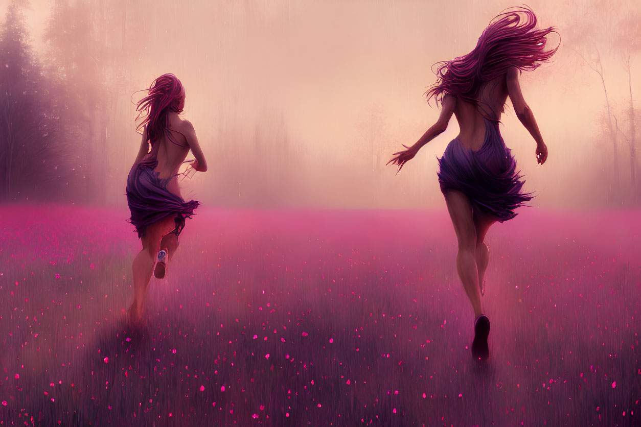 Two women running in mystical purple meadow with flowing hair