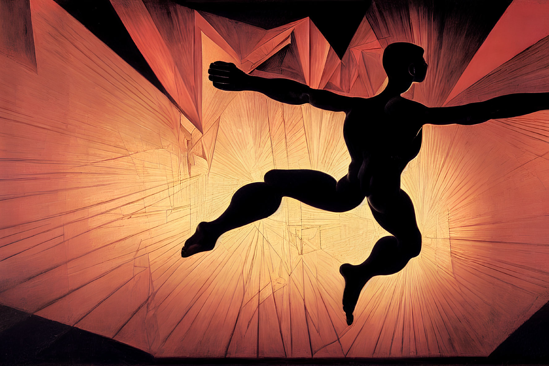 Dynamic Silhouette Leaping Against Abstract Red and Orange Background