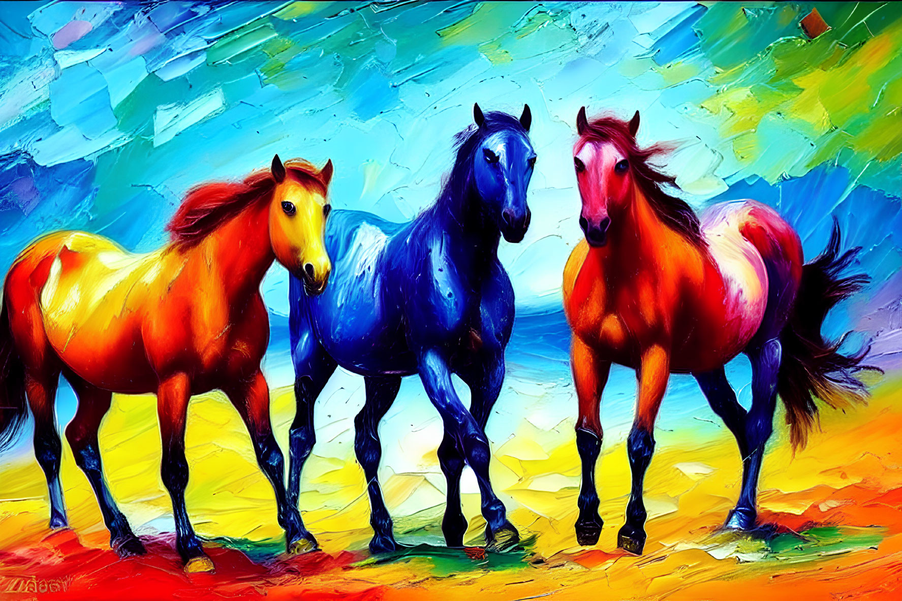 Colorful Painted Horses on Abstract Background