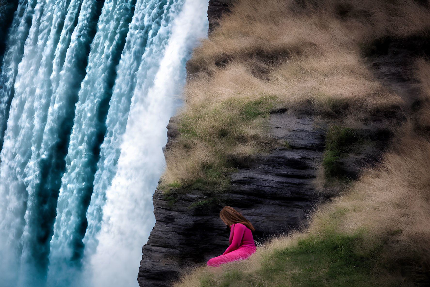 Person in Pink Jacket Contemplates Waterfall on Cliff Edge