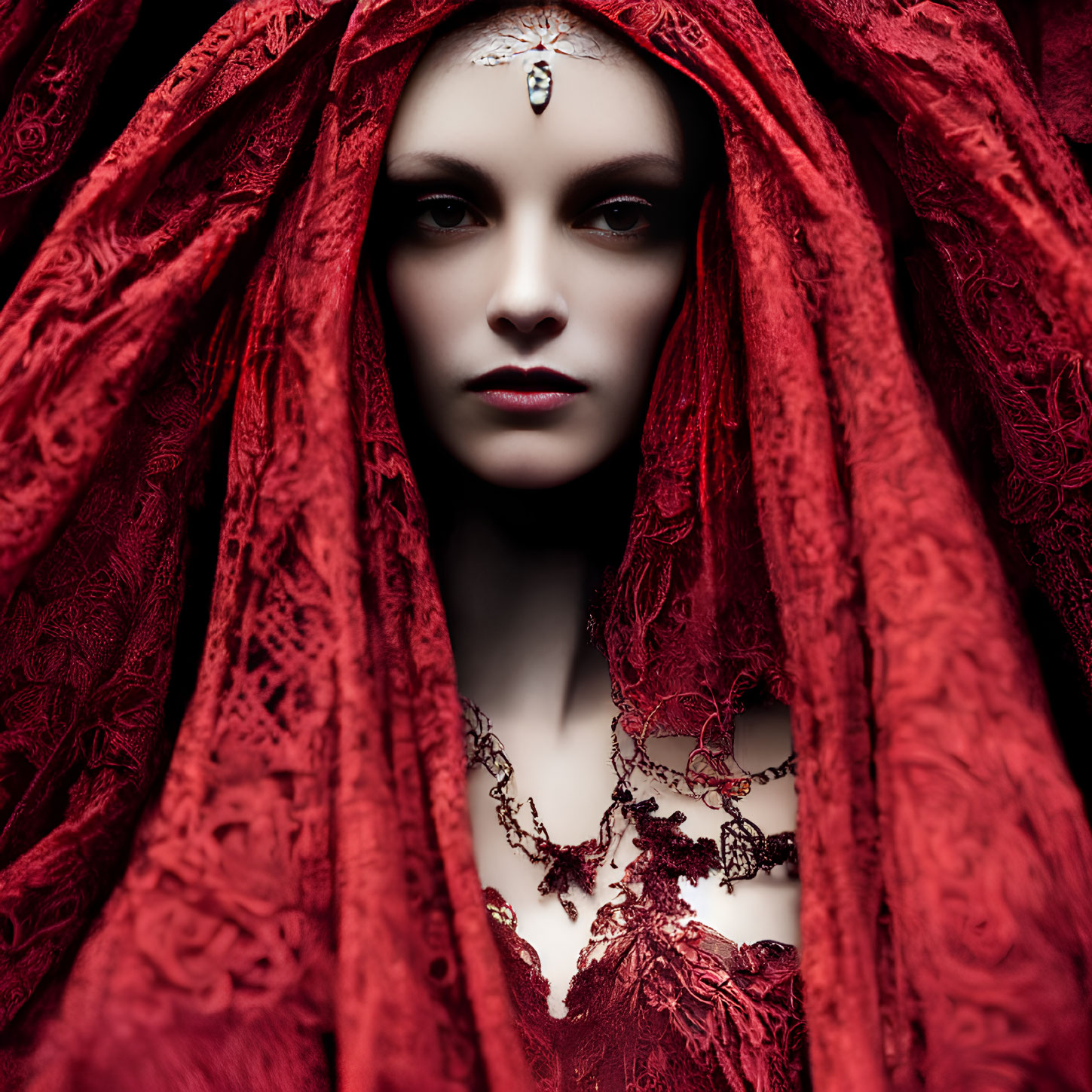 Intense gaze of woman in red lace shawl with forehead piece
