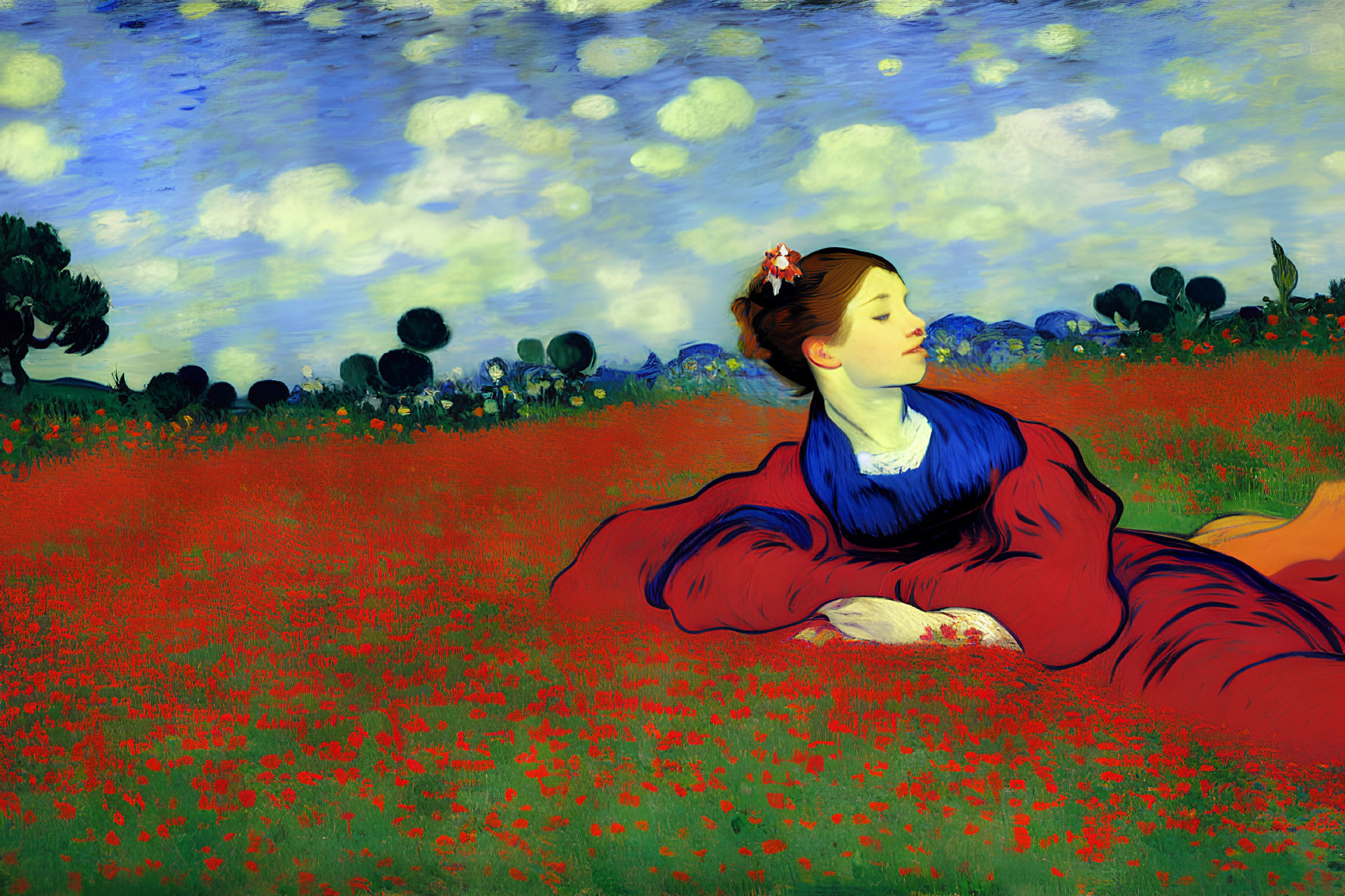 Vibrant red dress woman reclining in field of red flowers