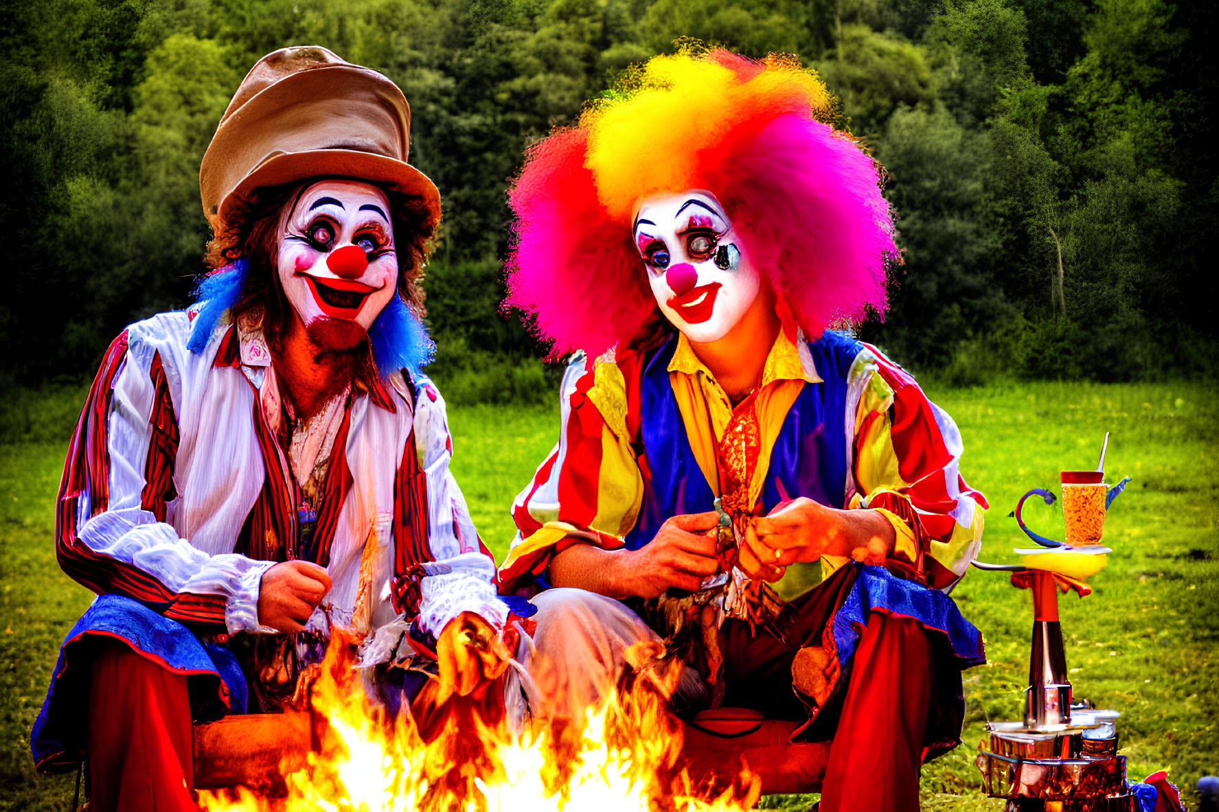 Colorful Wig Clowns by Campfire in Green Meadow