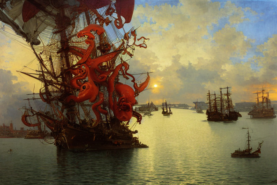 Gigantic red octopus attacks sailing ship at sunset
