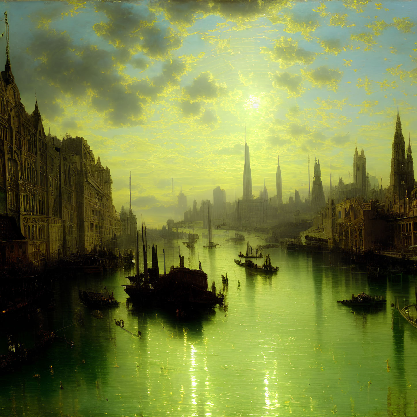 Victorian-era painting of serene cityscape with Gothic architecture and river boats
