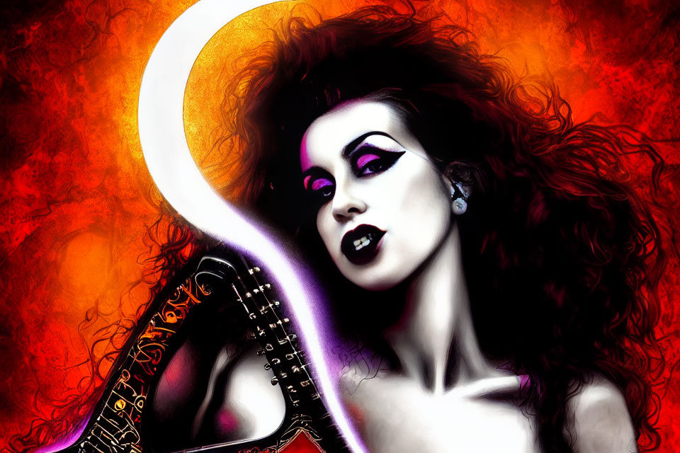 Colorful portrait of woman with dramatic makeup and wild hair on red backdrop with crescent moon and guitar