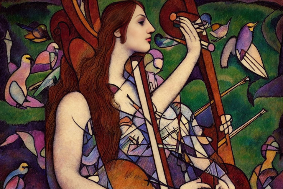 Illustration of woman with long red hair playing stringed instrument amidst colorful birds in whimsical setting