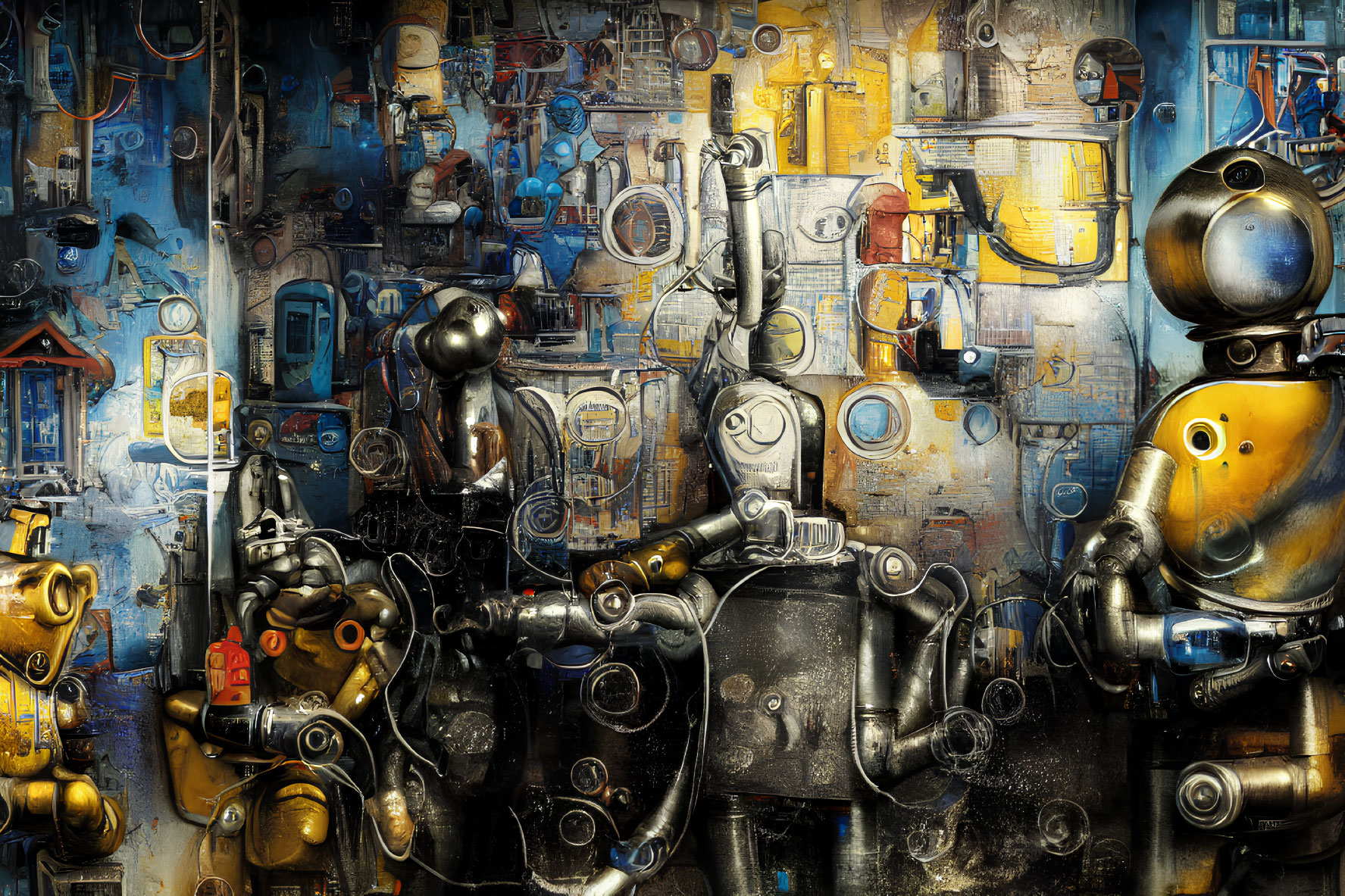 Colorful robots in industrial setting with blue and yellow tones