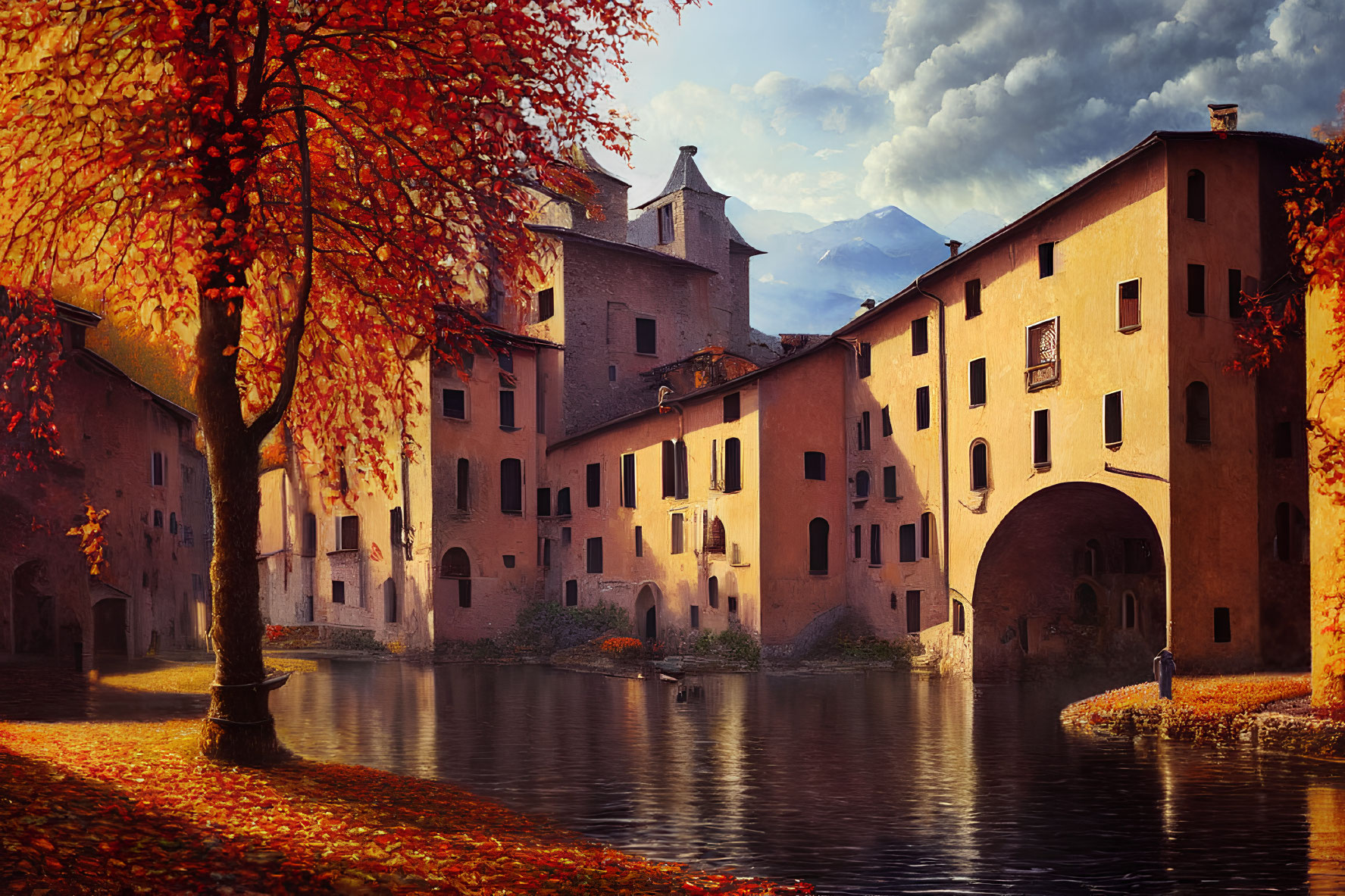 Historic orange buildings by river with autumn tree and distant mountains